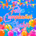 A vibrant animated GIF with 'Feliz Cumpleaños Shakir' written in colorful script, surrounded by balloons, confetti, and bunting on a bright blue background.