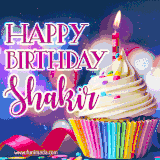 A festive animated GIF featuring a colorful cupcake with a single lit candle, sprinkles, and 'Happy Birthday Shakir' text against a sparkling, celebratory background.