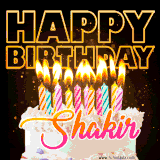 A vibrant animated GIF featuring a delicious birthday cake topped with glowing candles and the name 'Shakir' in elegant script, and the words 'Happy Birthday' on the black background.