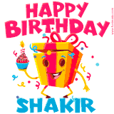 A funny animated birthday GIF with the words 'Happy Birthday Shakira', colorful gift box with arms and legs, holding a cupcake with a lit candle  with confetti everywhere.