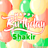 Animated GIF featuring colorful balloons in the background with the cheerful text 'Happy Birthday Shakir'.