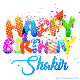 Animated GIF with colorful, festive 'Happy Birthday Shakir' text decorated with patterns, a party hat, and falling confetti. A vibrant and cheerful design for birthday celebrations.