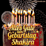 A chocolate birthday cake with glowing candles, the German text 'Alles Gute zum Geburtstag Shakira,' and vibrant fireworks lighting up the background in an animated GIF.