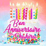 A white birthday cake covered in colorful sprinkles, topped with bright candles, and French text 'Bon Anniversaire Shakira' on a pastel gradient background in an animated GIF.