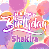 A vibrant name GIF featuring colorful balloons in shades of pink, orange, and yellow with the bold text 'Happy Birthday Shakira' in festive fonts, creating a lively birthday vibe.