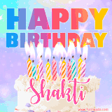A vibrant animated name GIF with the words 'Happy Birthday Shakti' with colorful candles on a creamy cake. The background sparkles with pastel shades, adding a festive touch.