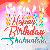 Bright birthday candles with rainbow flames on a cake, alongside the text 'Happy Birthday Shakuntala' in vibrant script in this celebratory animated GIF.