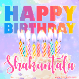 A vibrant animated name GIF with the words 'Happy Birthday Shakuntala' with colorful candles on a creamy cake. The background sparkles with pastel shades, adding a festive touch.