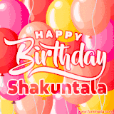 A vibrant name GIF featuring colorful balloons in shades of pink, orange, and yellow with the bold text 'Happy Birthday Shakuntala' in festive fonts, creating a lively birthday vibe.