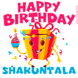 A vibrant and funny gift box character with a happy face dancing with a cupcake and the text 'Happy Birthday Shakuntala,' surrounded by animated confetti and party vibes.