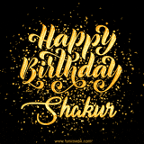 Animated GIF with colorful, festive 'Happy Birthday Shakur' text decorated with patterns, a party hat, and falling confetti. A vibrant and cheerful design for birthday celebrations.
