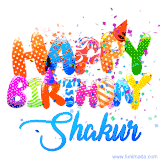 Animated GIF with colorful, festive 'Happy Birthday Shakur' text decorated with patterns, a party hat, and falling confetti. A vibrant and cheerful design for birthday celebrations.