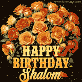 Animated bouquet of orange roses with moving butterfles and golden 'Happy Birthday Shalom' text, surrounded by sparkling accents and a dark backdrop for a luxurious feel.