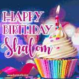 A festive animated GIF featuring a colorful cupcake with a single lit candle, sprinkles, and 'Happy Birthday Shalom' text against a sparkling, celebratory background.
