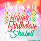 Bright birthday candles with rainbow flames on a cake, alongside the text 'Happy Birthday Shalott' in vibrant script in this celebratory animated GIF.