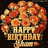Animated bouquet of orange roses with moving butterfles and golden 'Happy Birthday Sham' text, surrounded by sparkling accents and a dark backdrop for a luxurious feel.