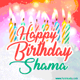 Bright birthday candles with rainbow flames on a cake, alongside the text 'Happy Birthday Shama' in vibrant script in this celebratory animated GIF.
