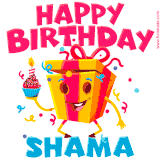 A vibrant and funny gift box character with a happy face dancing with a cupcake and the text 'Happy Birthday Shama,' surrounded by animated confetti and party vibes.