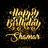 Animated GIF with colorful, festive 'Happy Birthday Shamar' text decorated with patterns, a party hat, and falling confetti. A vibrant and cheerful design for birthday celebrations.