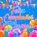 A vibrant animated GIF with 'Feliz Cumpleaños Shamar' written in colorful script, surrounded by balloons, confetti, and bunting on a bright blue background.