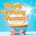 A cheerful animated GIF of a cupcake with creamy frosting, a red checkered ribbon, and a bright sparkler on top. The text 'Happy Birthday Shamar!' is displayed in vibrant orange and red.