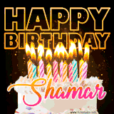 A vibrant animated GIF featuring a delicious birthday cake topped with glowing candles and the name 'Shamar' in elegant script, and the words 'Happy Birthday' on the black background.