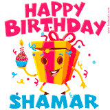 A funny animated birthday GIF with the words 'Happy Birthday Shamara', colorful gift box with arms and legs, holding a cupcake with a lit candle  with confetti everywhere.