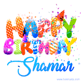 Animated GIF with colorful, festive 'Happy Birthday Shamar' text decorated with patterns, a party hat, and falling confetti. A vibrant and cheerful design for birthday celebrations.
