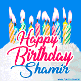 A cheerful animated GIF featuring colorful lit birthday candles on a white cake, with the text 'Happy Birthday Shamir' in bold red and blue script on a bright blue background.