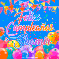 A vibrant animated GIF with 'Feliz Cumpleaños Shamir' written in colorful script, surrounded by balloons, confetti, and bunting on a bright blue background.