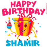 A funny animated birthday GIF with the words 'Happy Birthday Shamira', colorful gift box with arms and legs, holding a cupcake with a lit candle  with confetti everywhere.