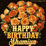 Animated bouquet of orange roses with moving butterfles and golden 'Happy Birthday Shamiya' text, surrounded by sparkling accents and a dark backdrop for a luxurious feel.