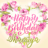 A stunning heart made of pink roses surrounds the elegant script text 'Happy Birthday Shamiya' on a soft beige background. Animated sparkles add a magical and festive feel.
