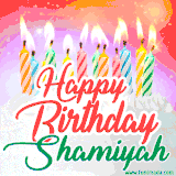 Bright birthday candles with rainbow flames on a cake, alongside the text 'Happy Birthday Shamiyah' in vibrant script in this celebratory animated GIF.