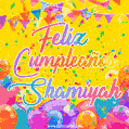 A bright and festive GIF with the text 'Feliz Cumpleaños Shamiyah' in Spanish in colorful fonts, surrounded by confetti, balloons, and festive banners on a vibrant yellow background.