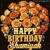 Animated bouquet of orange roses with moving butterfles and golden 'Happy Birthday Shamiyah' text, surrounded by sparkling accents and a dark backdrop for a luxurious feel.