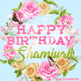 A charming animated GIF featuring 'Happy Birthday Shamiyah' in pink and green text, surrounded by delicate roses, leaves, and fluttering butterflies on a soft light blue pastel background.