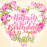 A stunning heart made of pink roses surrounds the elegant script text 'Happy Birthday Shams' on a soft beige background. Animated sparkles add a magical and festive feel.