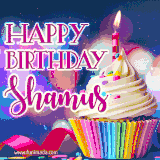 A festive animated GIF featuring a colorful cupcake with a single lit candle, sprinkles, and 'Happy Birthday Shamus' text against a sparkling, celebratory background.