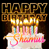 A vibrant animated GIF featuring a delicious birthday cake topped with glowing candles and the name 'Shamus' in elegant script, and the words 'Happy Birthday' on the black background.