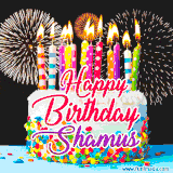 A lively happy birthday animated GIF showcasing a colorful birthday cake covered in sprinkles, topped with glowing candles, and surrounded by vibrant fireworks. The name 'Shamus' is featured in elegant script.