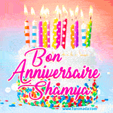 A white birthday cake covered in colorful sprinkles, topped with bright candles, and French text 'Bon Anniversaire Shamya' on a pastel gradient background in an animated GIF.