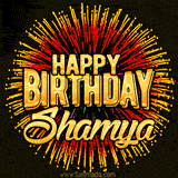 Golden 'Happy Birthday Shamya' text accompanied by animated rainbow fireworks for a festive animated greeting.
