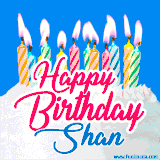 A cheerful animated GIF featuring colorful lit birthday candles on a white cake, with the text 'Happy Birthday Shan' in bold red and blue script on a bright blue background.