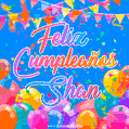 A vibrant animated GIF with 'Feliz Cumpleaños Shan' written in colorful script, surrounded by balloons, confetti, and bunting on a bright blue background.