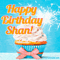 A cheerful animated GIF of a cupcake with creamy frosting, a red checkered ribbon, and a bright sparkler on top. The text 'Happy Birthday Shan!' is displayed in vibrant orange and red.