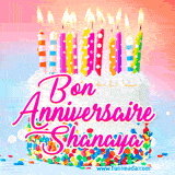A white birthday cake covered in colorful sprinkles, topped with bright candles, and French text 'Bon Anniversaire Shanaya' on a pastel gradient background in an animated GIF.
