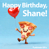 Modern fun Happy Birthday Shane animated e-card with a smiling pizza holding a balloon