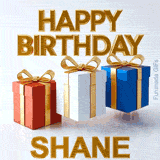 Clean and professional 3D animated Happy Birthday Shane design featuring three bouncing gifts casting dynamic shadows on a white studio floor
