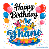 An animated graphic showing a cake decorated with little flowers and topped with butterflies, personalized for Shane.
